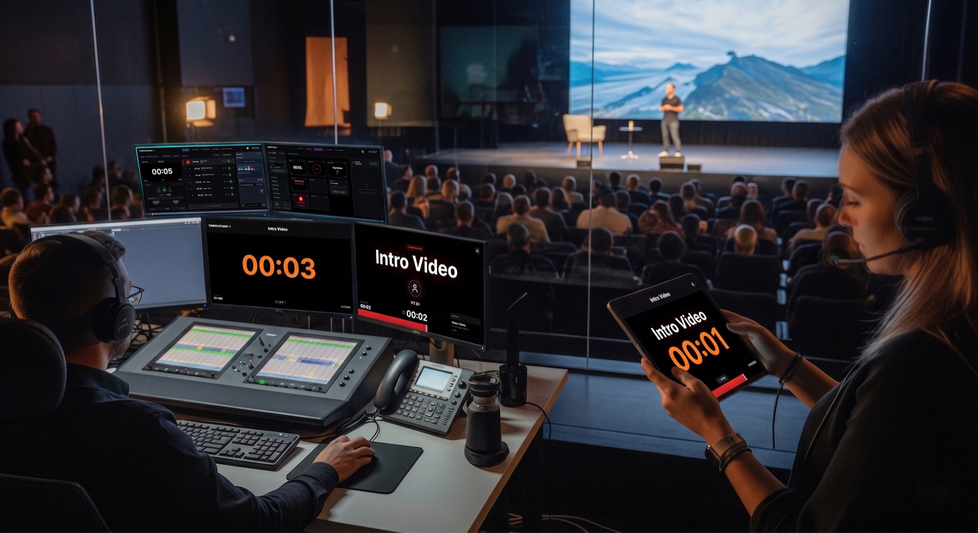 Timers Studio broadcast control room with tablet moderator and live stage